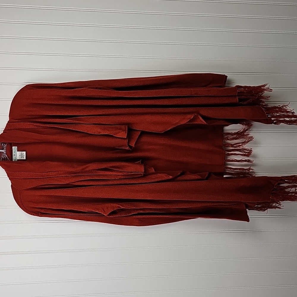 Vintage Suzie Burnt Orange Open Front Fringe Cardigan Sweater XL